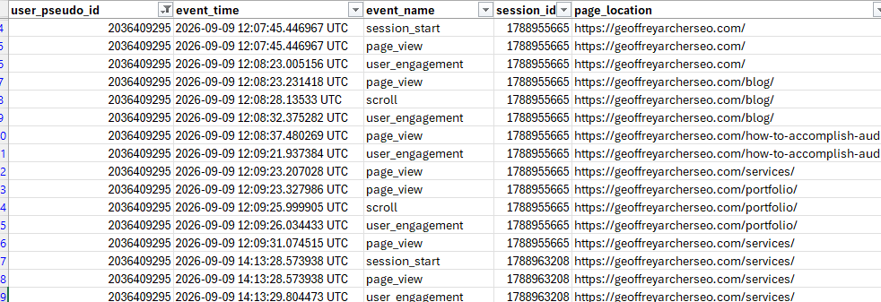 image of a csv file being sorted by date and filtered for a specific pseudo user value.