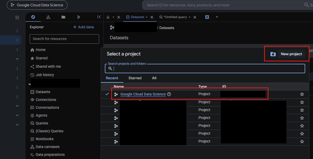 Example image of a big query project that has the GA4 connection.